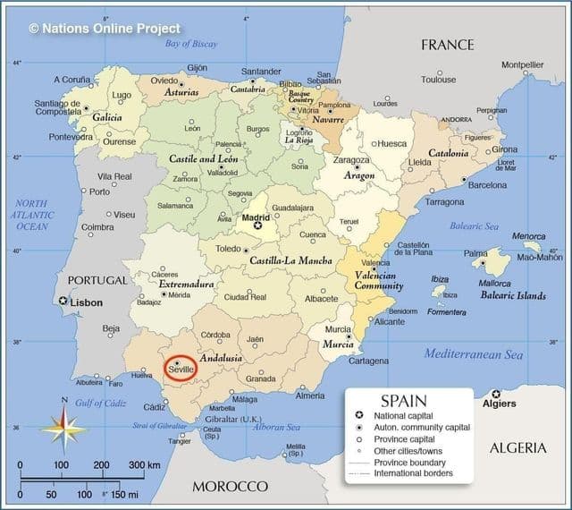 Seville on Spain map